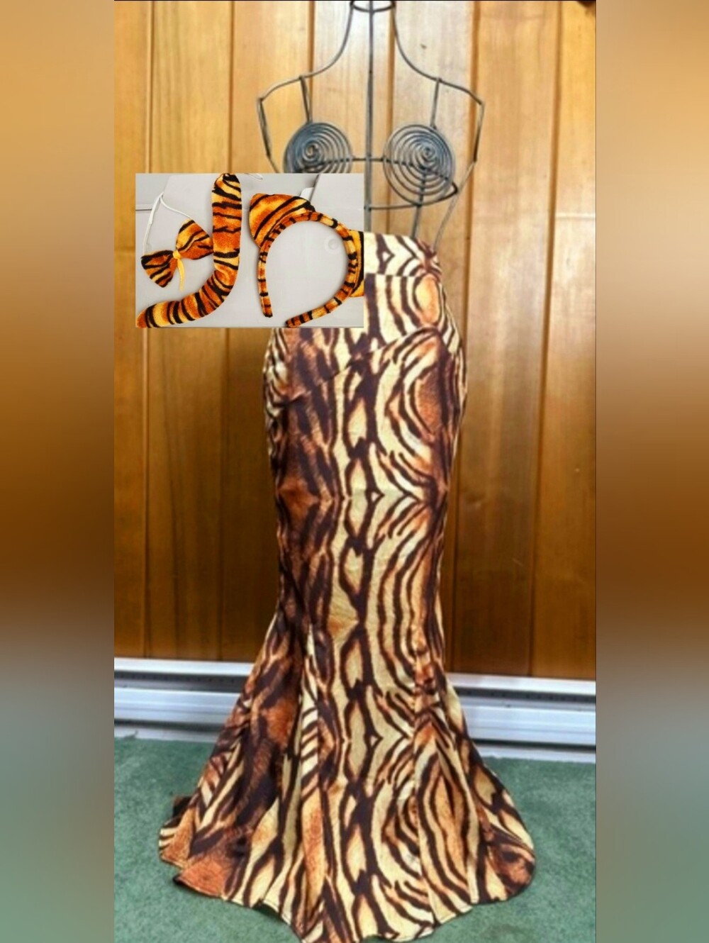 Halloween Costume-(Vintage XL) M Tigress Maxi Fluted Skirt+Ears Bowtie & Tail